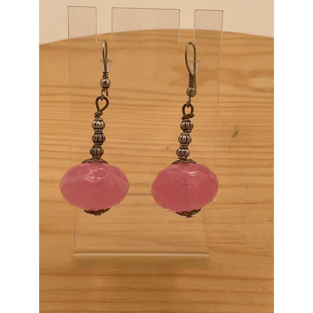 Pink Faceted Beaded Dangle Earrings With Silver Accents For Women